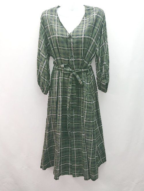 ◇ ◎ rope picnic チェック柄 ガーリー Vネック カジュアル 長袖 ロング丈 ワンピース サイズ40 グリーン レディース E 【1309040084575】
