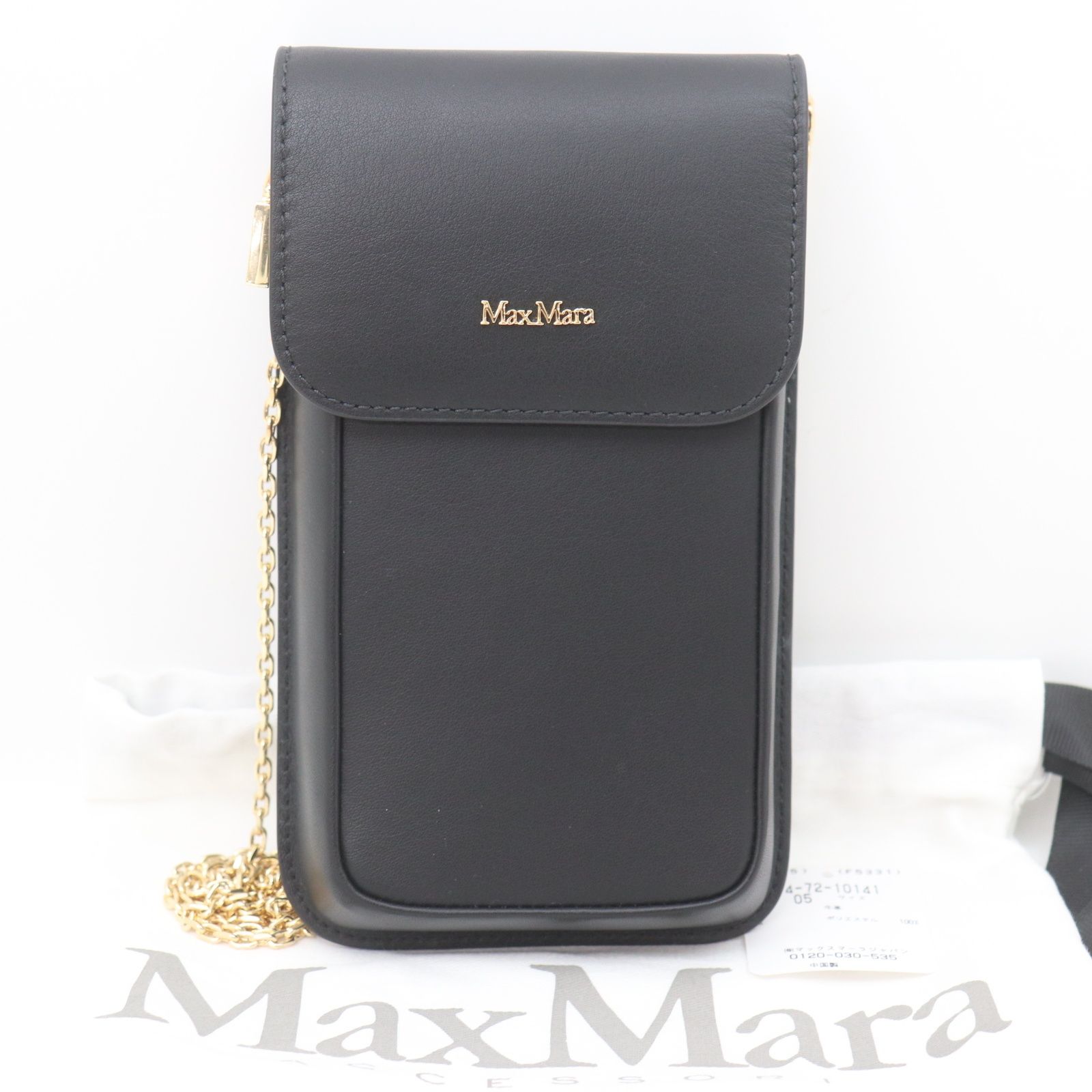 IT48478019IY 未使用 MAX MARA マックスマーラ フォンチェーンショルダー 携帯電話ケース レザー ブラック レディース ロゴ 斜め掛け