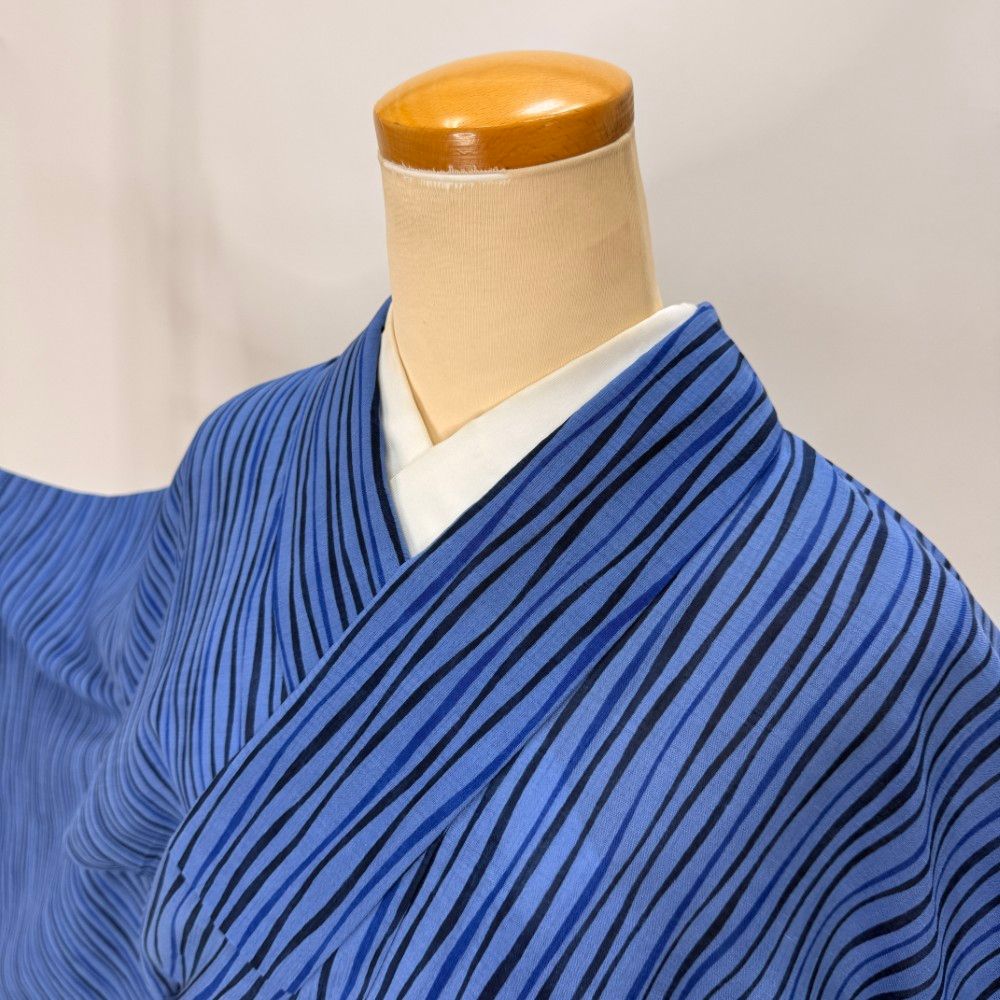 小紋 夏 紗 幅広 大きい 夏小紋 洗える着物 裄68.5cm 身丈166.5cm レトロ ポリエステル 青 中古 L サイズ 5637