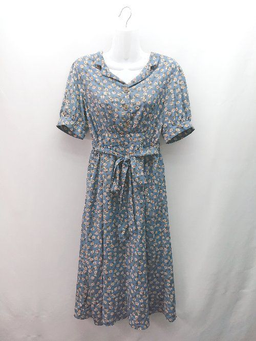 ◇ apres jour アプレジュール 花柄 Vネック ウエストマーク 半袖 ロング ワンピース サイズF ブルー レディース E 【1309040097742】