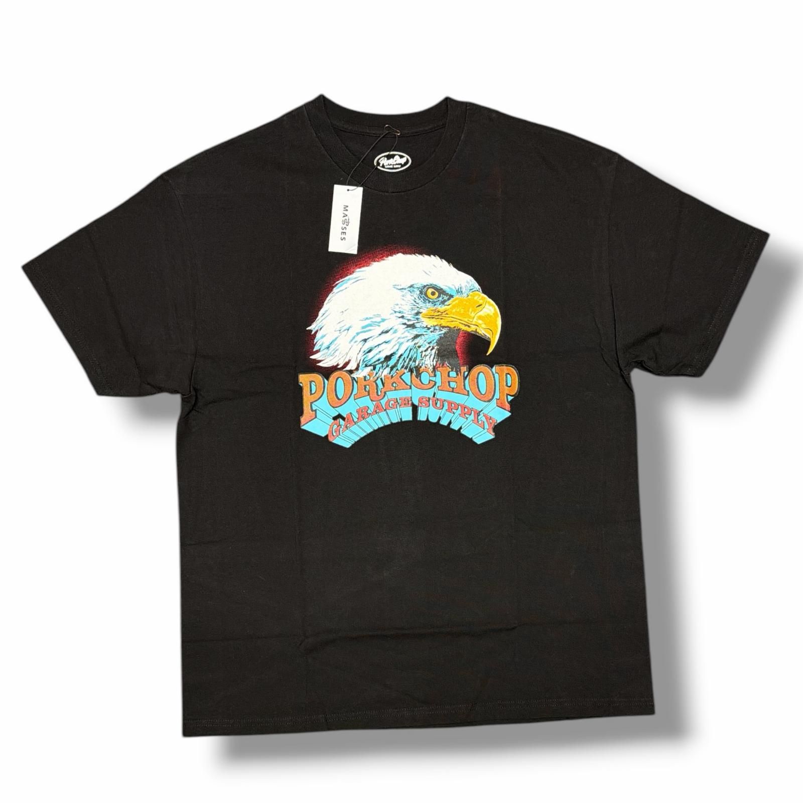 参考上代16280円 未使用 MASSES × PORKCHOP GARAGE SUPPLY T-SHIRT EAGLE イーグル Tシャツ 半袖カットソー コラボ マシス × ポークチョップガレージサプライ ブラック L （10694M）