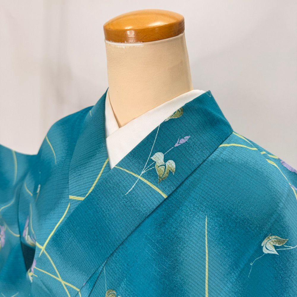 小紋 夏 絽 夏小紋 洗える着物 裄66cm 身丈165.6cm お洒落着 ポリエステル 青 中古 M サイズ 5616