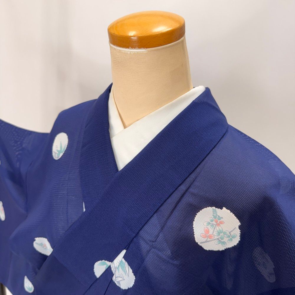 小紋 夏 絽 夏小紋 洗える着物 裄67.5cm 身丈167.2cm レトロ ポリエステル 青 ブルー 中古 L サイズ 5630