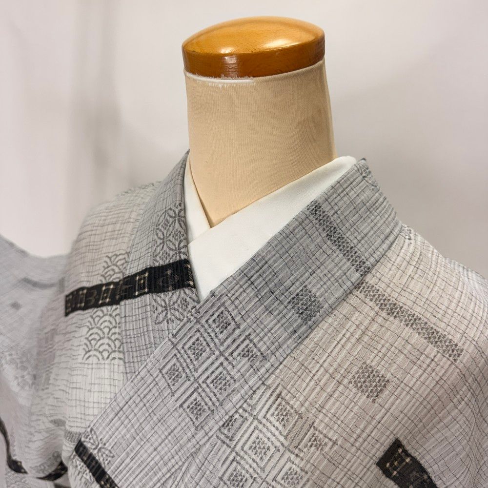 小紋 夏 紗 夏小紋 洗える着物 裄68.8cm 身丈168.5cm レトロ ポリエステル グレー 中古 L サイズ 5632