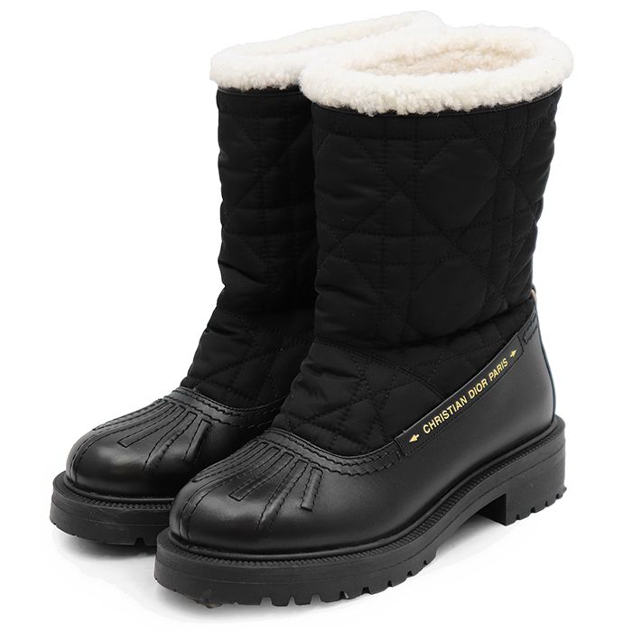 【美品】Christian Dior クリスチャンディオール Frozen-D ブーツ サイズ 37 レディース カナージュ ナイロン/レザー キルティング ボアライニング シューズ 靴 箱付属 ブラック 黒 イタリア製