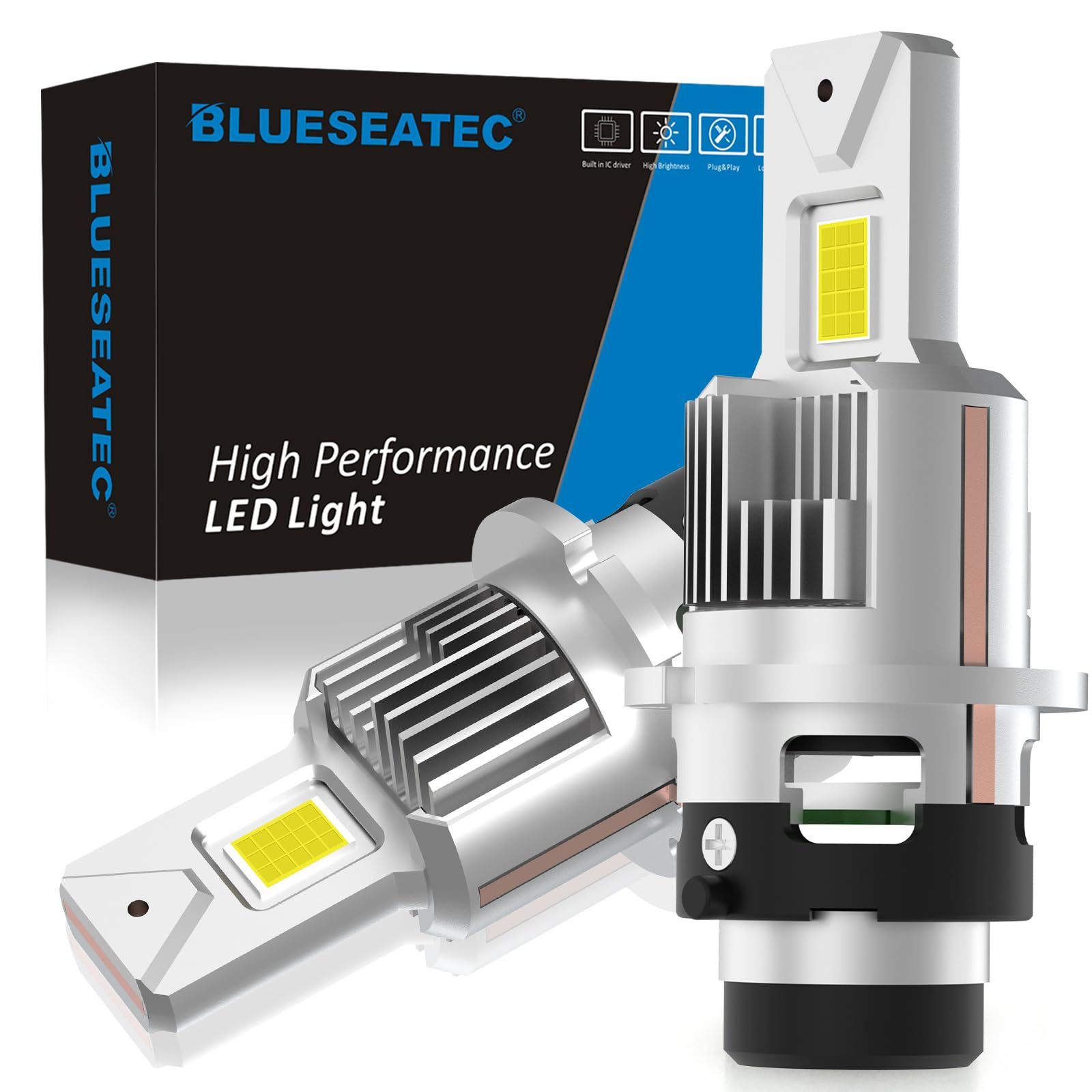 BLUESEATEC D4S D4R LED ヘッドライト 爆光 20000LM 6500K ホワイト 車検対応 純正HIDをLED化 5倍明るさUP ポン付け 加工不要 12V车用 キャンセラー内蔵 静音ファン 2個セット