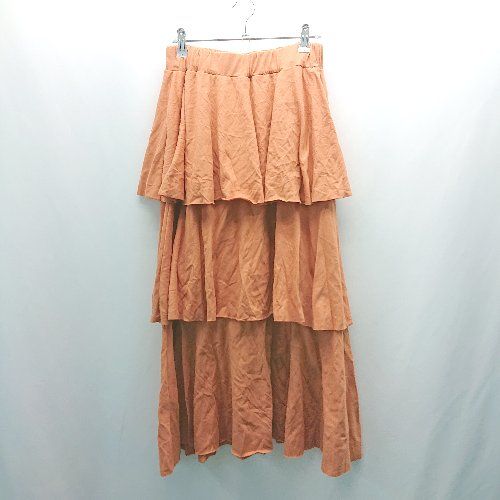 ◇ RodeoCrowns ウエストゴム 切り返し 薄手 ストレッチ シンプル ひざ丈 フレア スカート サイズF ブラウン レディース E 【1309250037699】