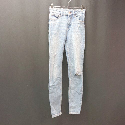 ◇ Bershka ベルシュカ パッチ ステッチ ダメージ加工 ストレッチ カジュアル デニムパンツ 表記なし ブルー レディース E 【1309250037187】