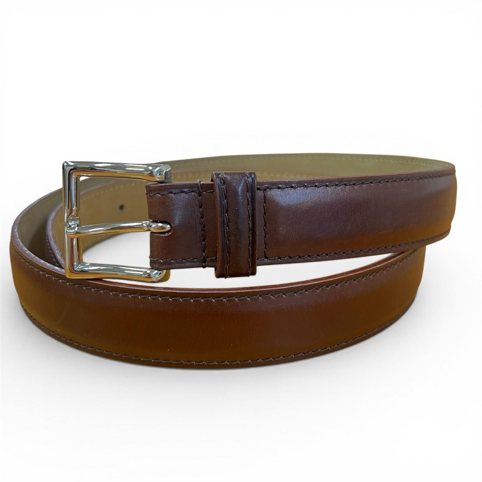 美品▲John Lobb ジョンロブ ピンバックル レザー ベルト ブラウン シルバー金具 90 メンズ ビジネス◎