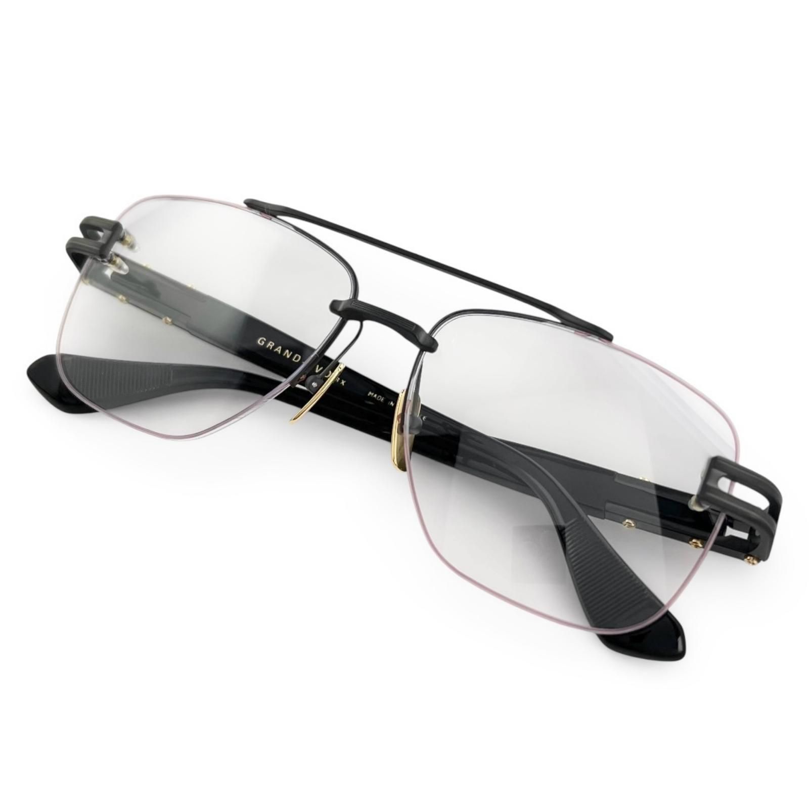 美品▲DITA ディータ DTX146 GRAND-EVO Rx ツーブリッジ リムレス メガネ 眼鏡 アイウェア マットブラック ゴールド 57⬜︎16 145 ケース付き 日本製 メンズ