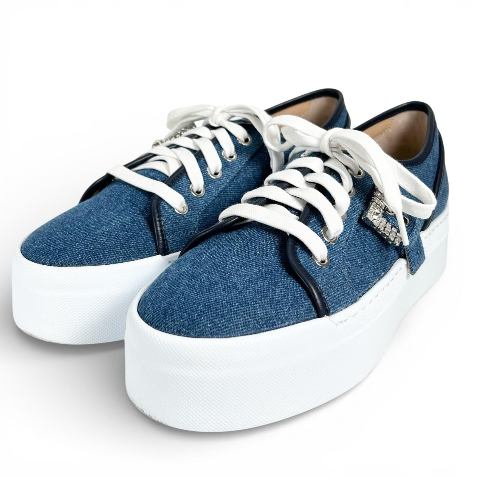極美品▲Sergio Rossi セルジオロッシ B08910 SR TWENTY BUCKLE 厚底 デニム スニーカー インディゴ 37 箱・保存袋付き イタリア製 レディース 39,000円