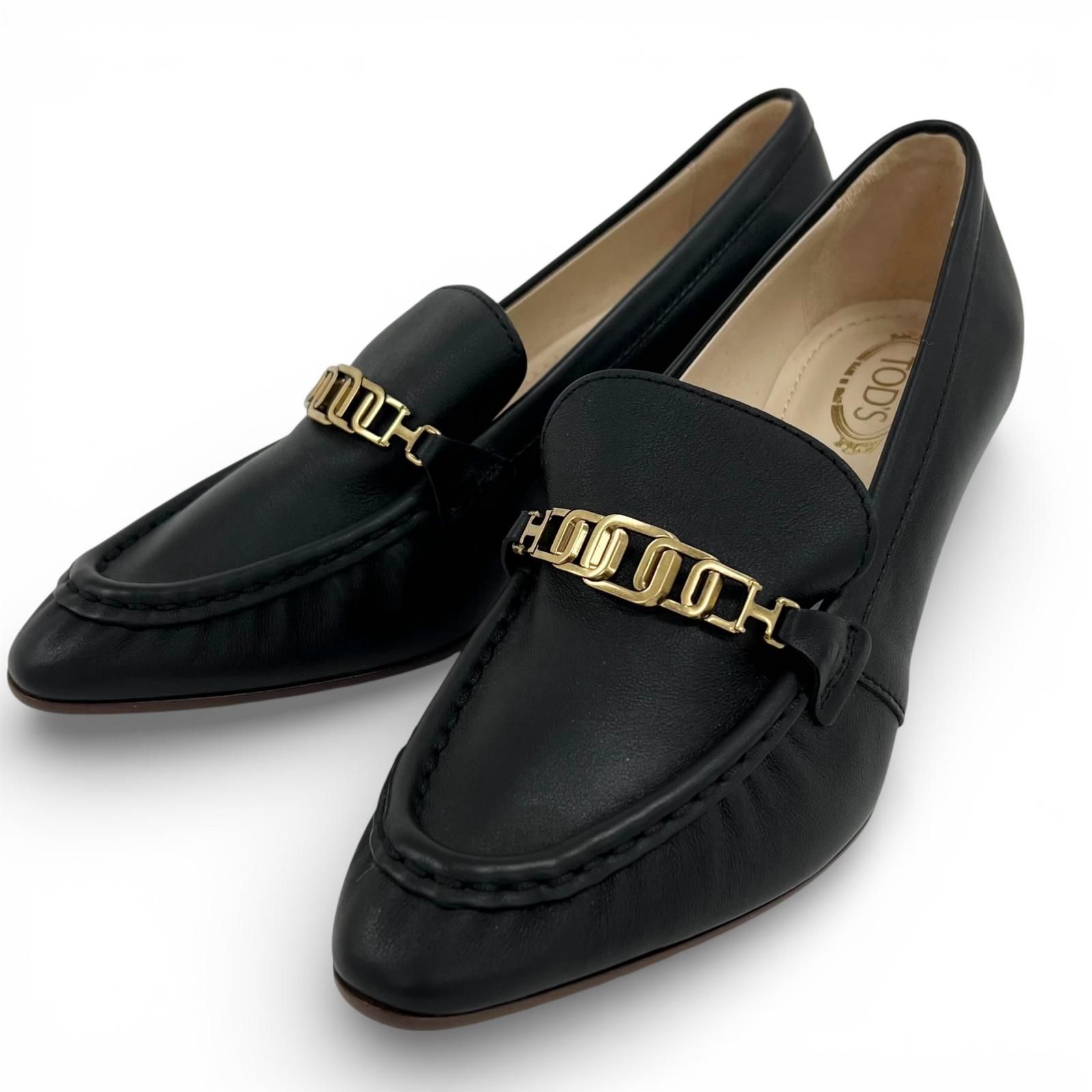 未使用品▲TOD’S トッズ チェーンモチーフ レザー パンプス ブラック ゴールド金具 34.5 保存袋付き イタリア製 レディース