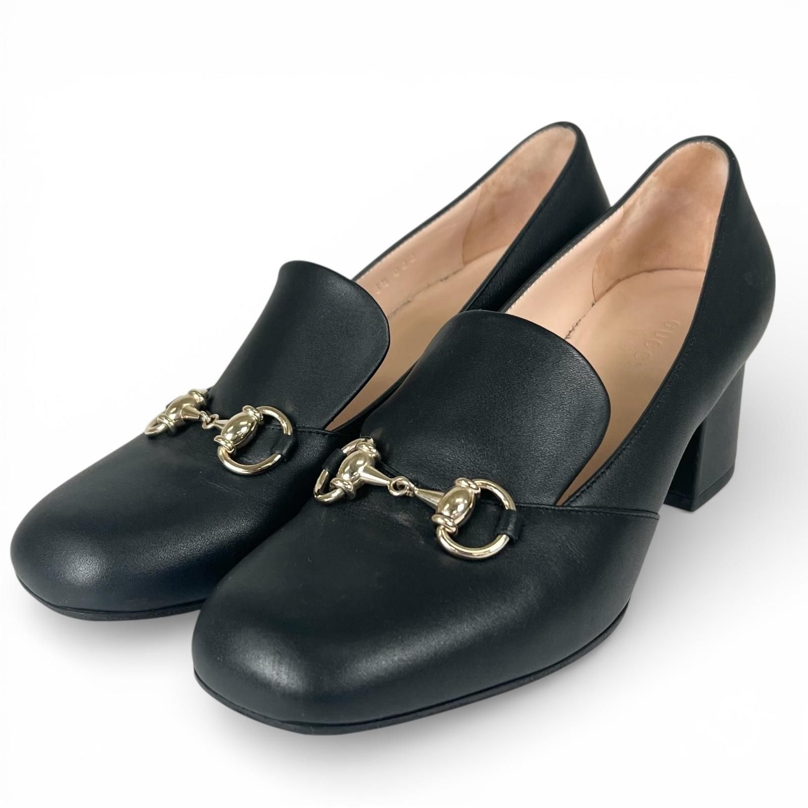 極美品▲GUCCI グッチ 466701 ホースビット スクエアトゥ チャンキーヒール レザーパンプス ブラック ゴールド金具 36.5 イタリア製 レディース