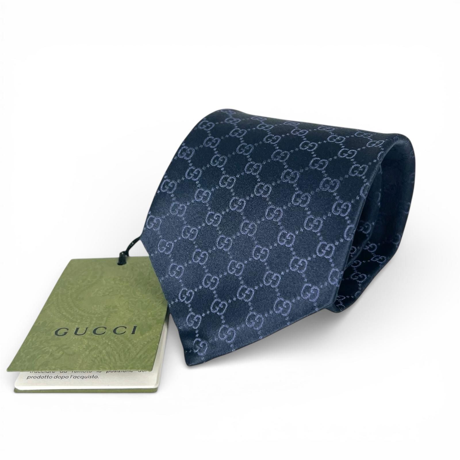 極美品▲GUCCI グッチ 22AW 456520 TIE FEDRA GG柄 シルク100％ ネクタイ ネイビー イタリア製 正規品 メンズ ビジネス◎