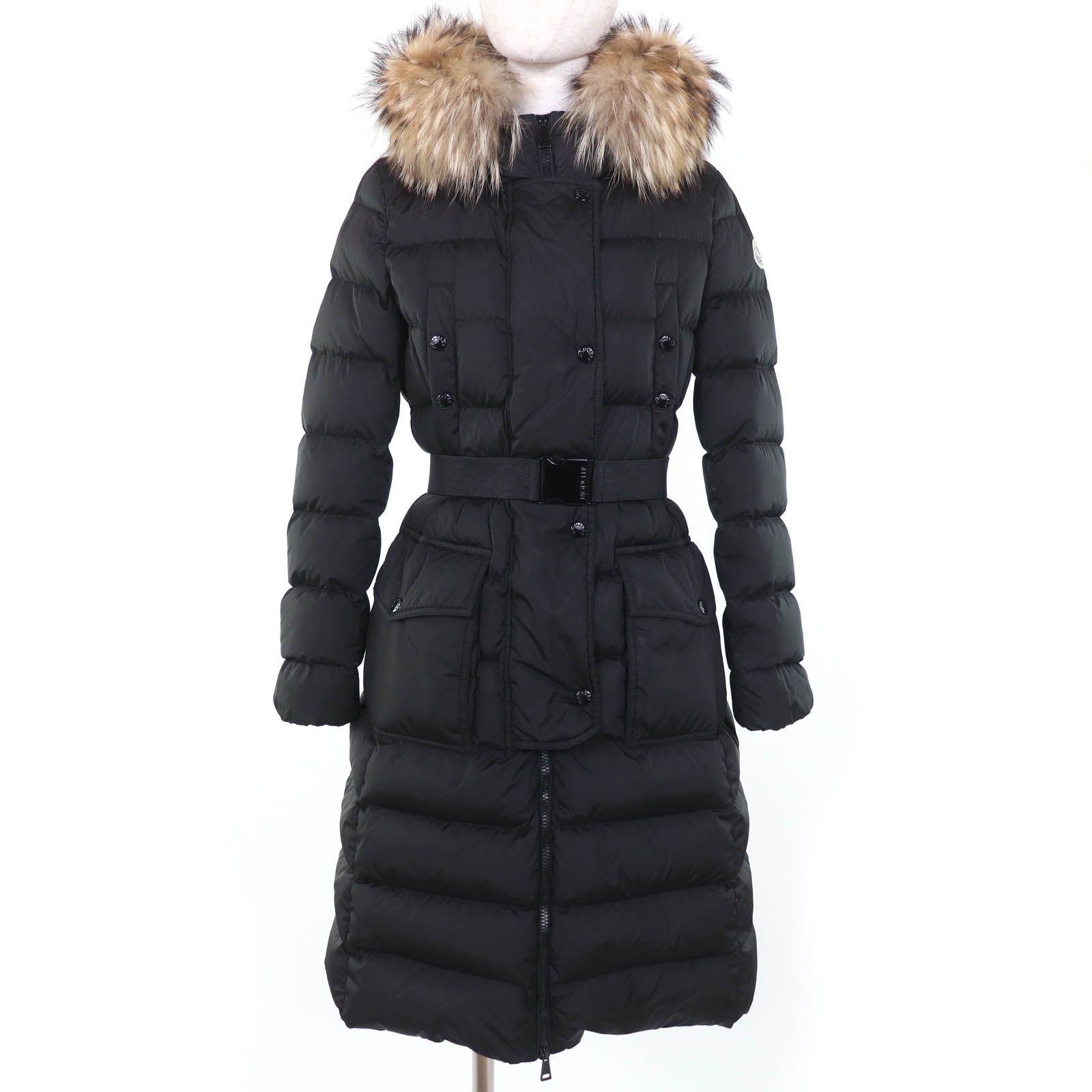 美品☆MONCLER モンクレール KHLOE ロゴワッペン・ラクーンファー・フード・ベルト付 ダウンコート ブラック 1 国内正規品 レディース