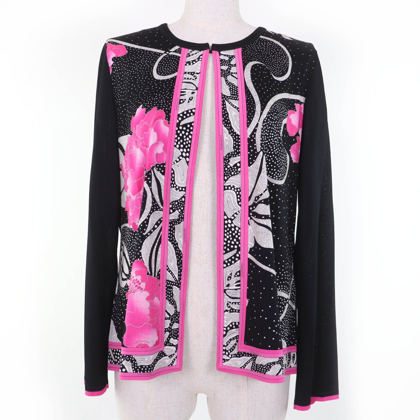 極美品☆LEONARD FASHION レオナール ファッション 0137221 花柄デザイン 長袖 カーディガン ブラック ピンク 40 日本製 正規品 レディース