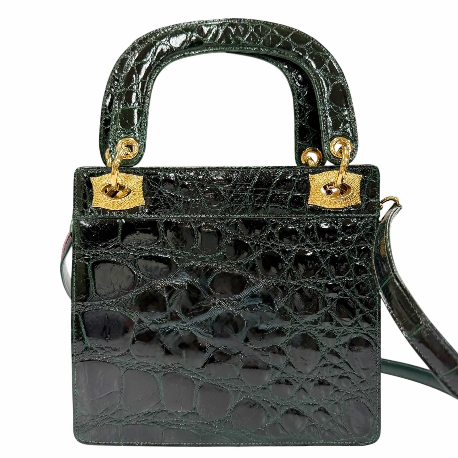 美品△COMTESSE コンテス ヴィンテージ クロコダイル 2WAY ハンドバッグ ショルダーバッグ グリーン系 ゴールド金具 ドイツ製 レディース 保存袋付き