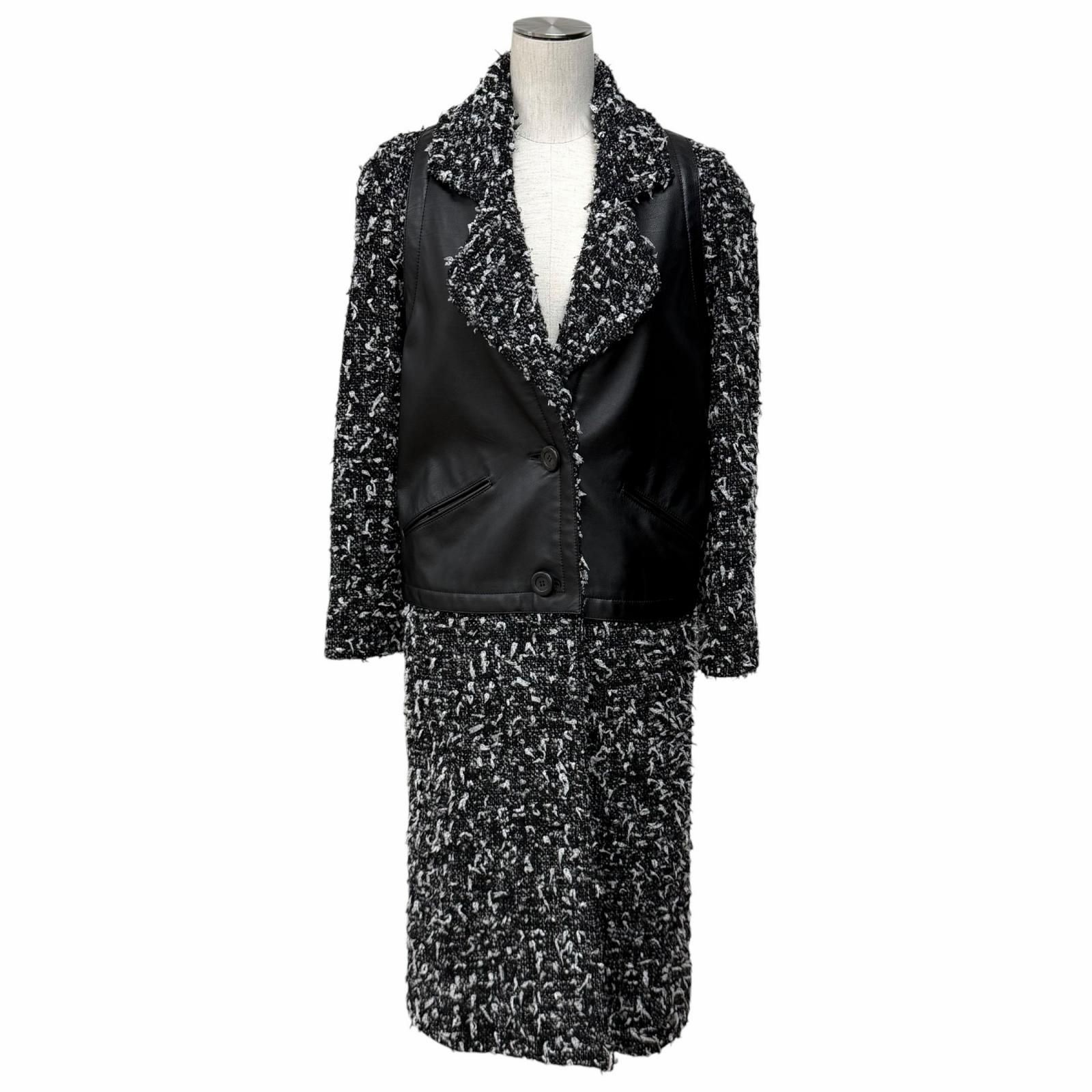極美品★CHANEL シャネル P62088 アルパカ混 ウッドロゴボタン カーフスキン切替 リボンツイード コート ブラック ホワイト 34 イタリア製 正規品 レディース 162,000円