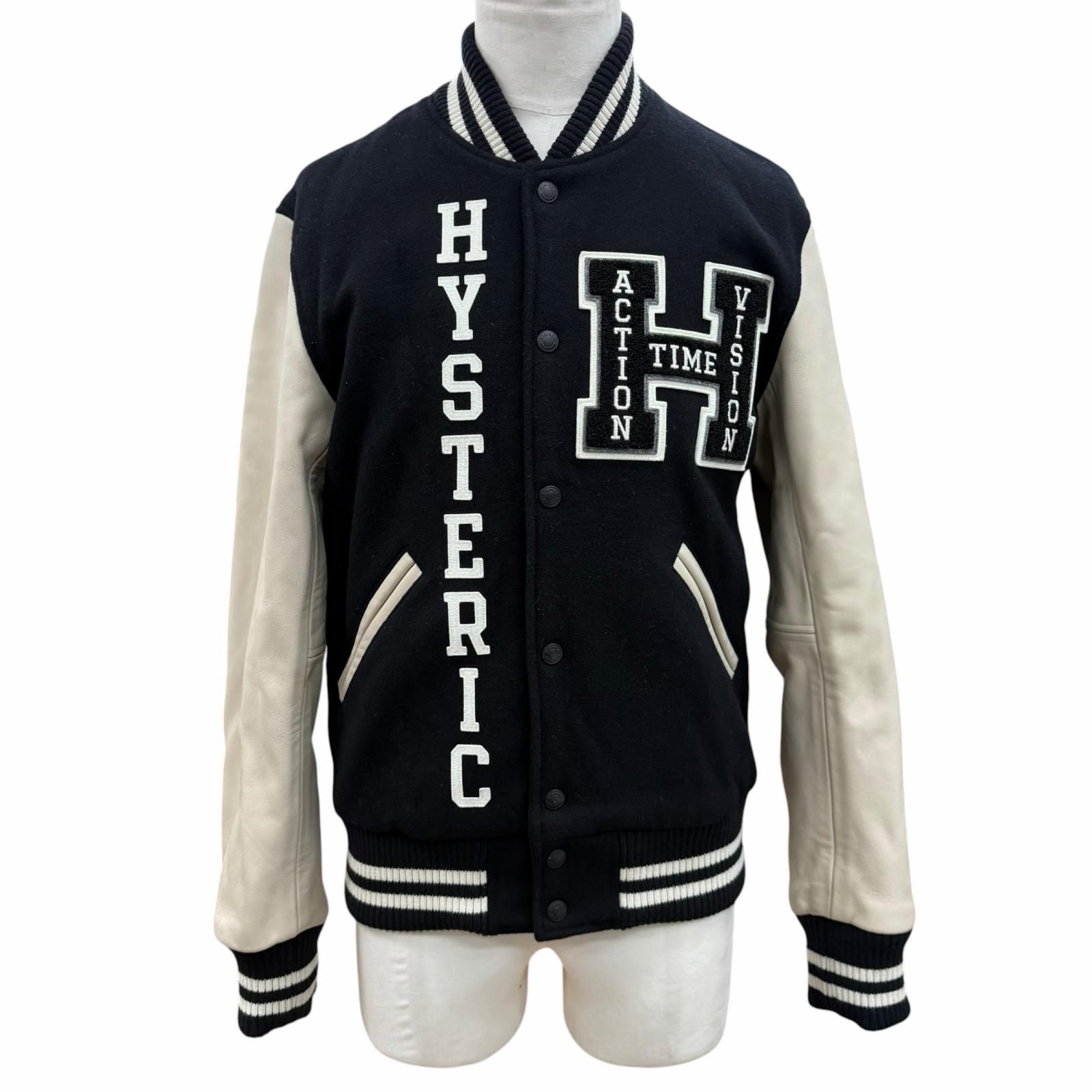 良品▼HYSTERIC GLAMOUR ヒステリックグラマー 02223AB09 ウール レザー SEE NO EVIL刺繍 ヴァーシティ 袖革 スタジャン ブラック ベージュ M 日本製 正規品 メンズ
