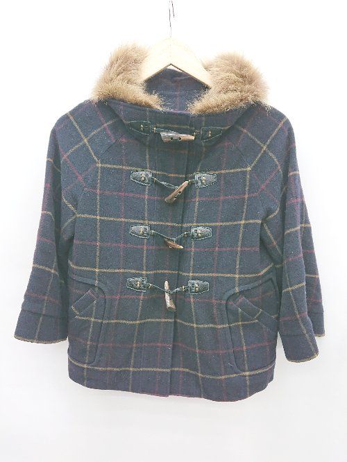 ◇ MULLER ミューラー ウール混 シャドーフォックス チェック 長袖 ダッフルコート サイズ38 ネイビー系 レディース P 【1310020015717】