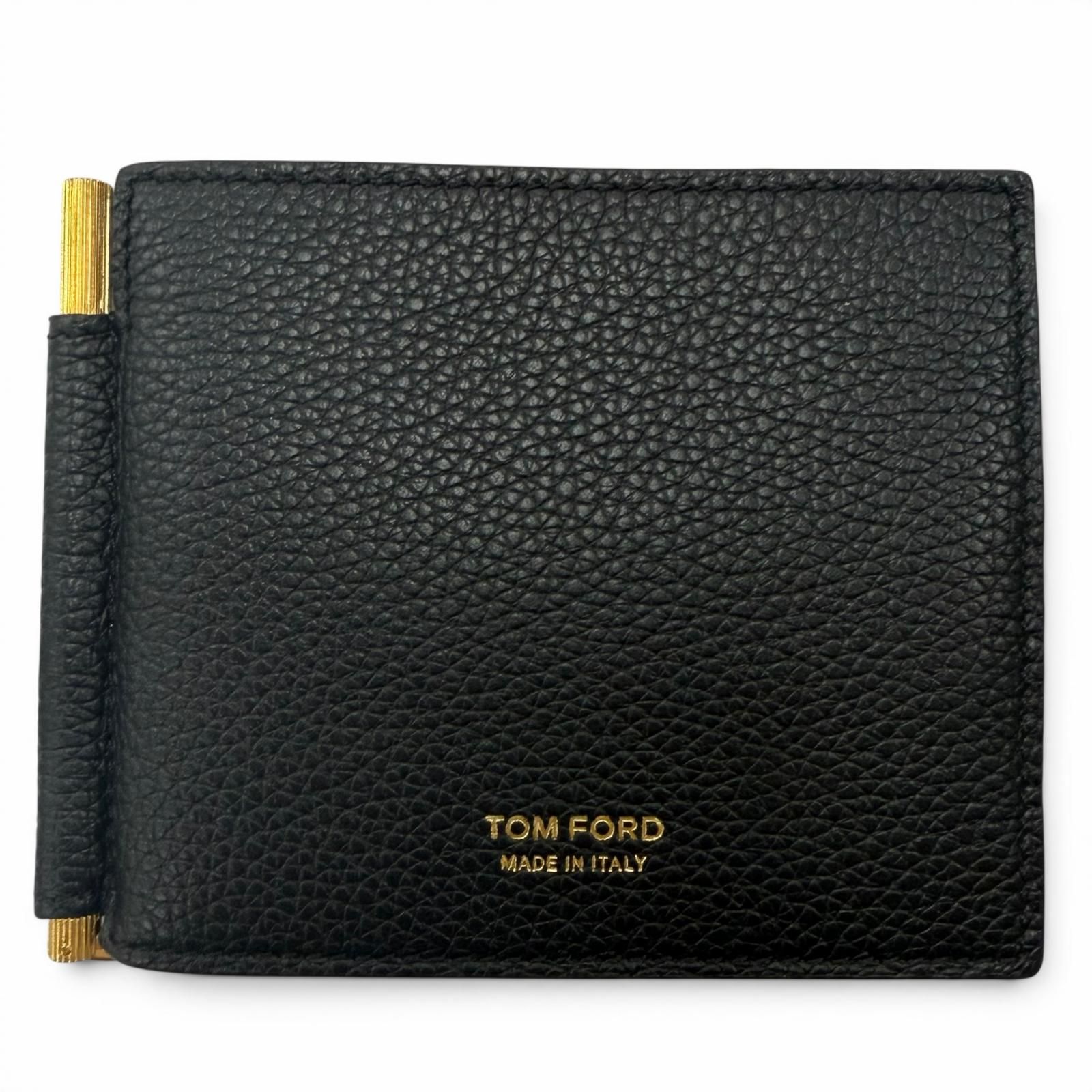 極美品□TOM FORD トムフォード SOFT GRAIN LEATHER T LINE MONEY CLIP WALLET ソフトグレインカーフ 二つ折り財布 ブラック ゴールド イタリア製 メンズ