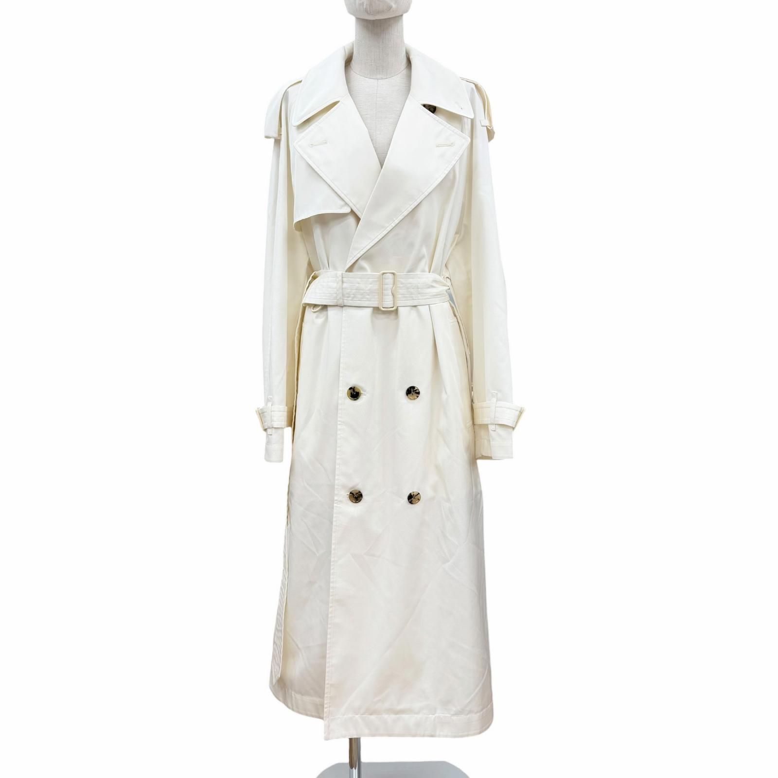 極美品◇BURBERRY バーバリー 8086313 シルク100％ ベルト付 ダブルブレスト マキシ丈 トレンチコート アイボリー 40 正規品 レディース