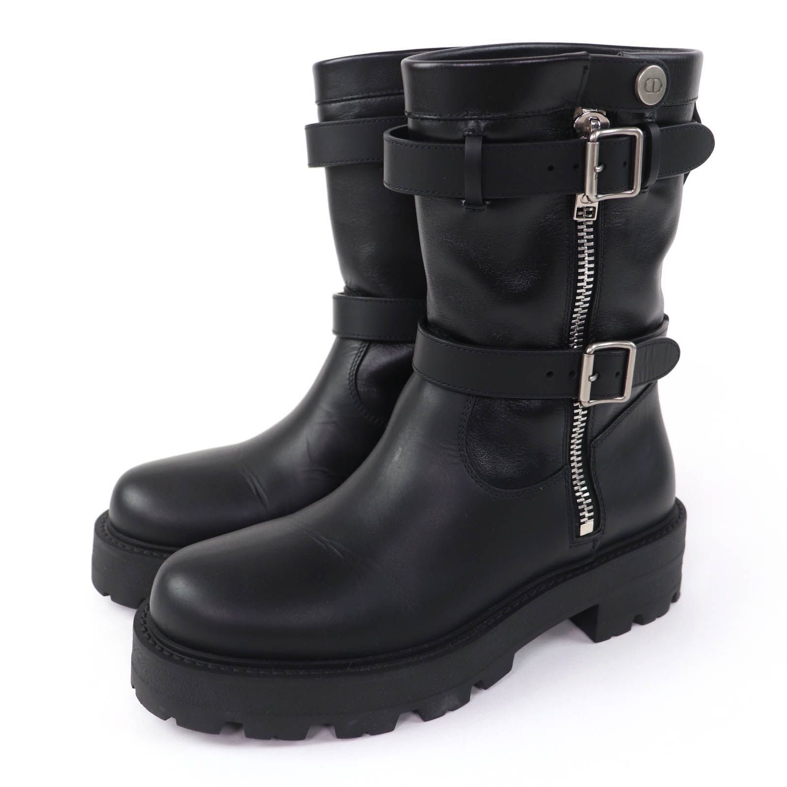 美品☆Christian Dior クリスチャンディオール D-MAJOR CDロゴ金具 レザー ショートブーツ ブラック 37 イタリア製 レディース 保存袋付き