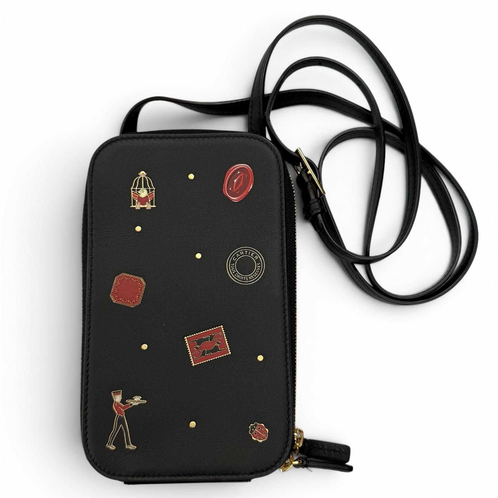 美品★Cartier カルティエ CRL3002008 レザー ディアボロ ドゥ カルティエ フォンポーチ ポシェット ブラック イタリア製 レディース 箱・保存袋付き