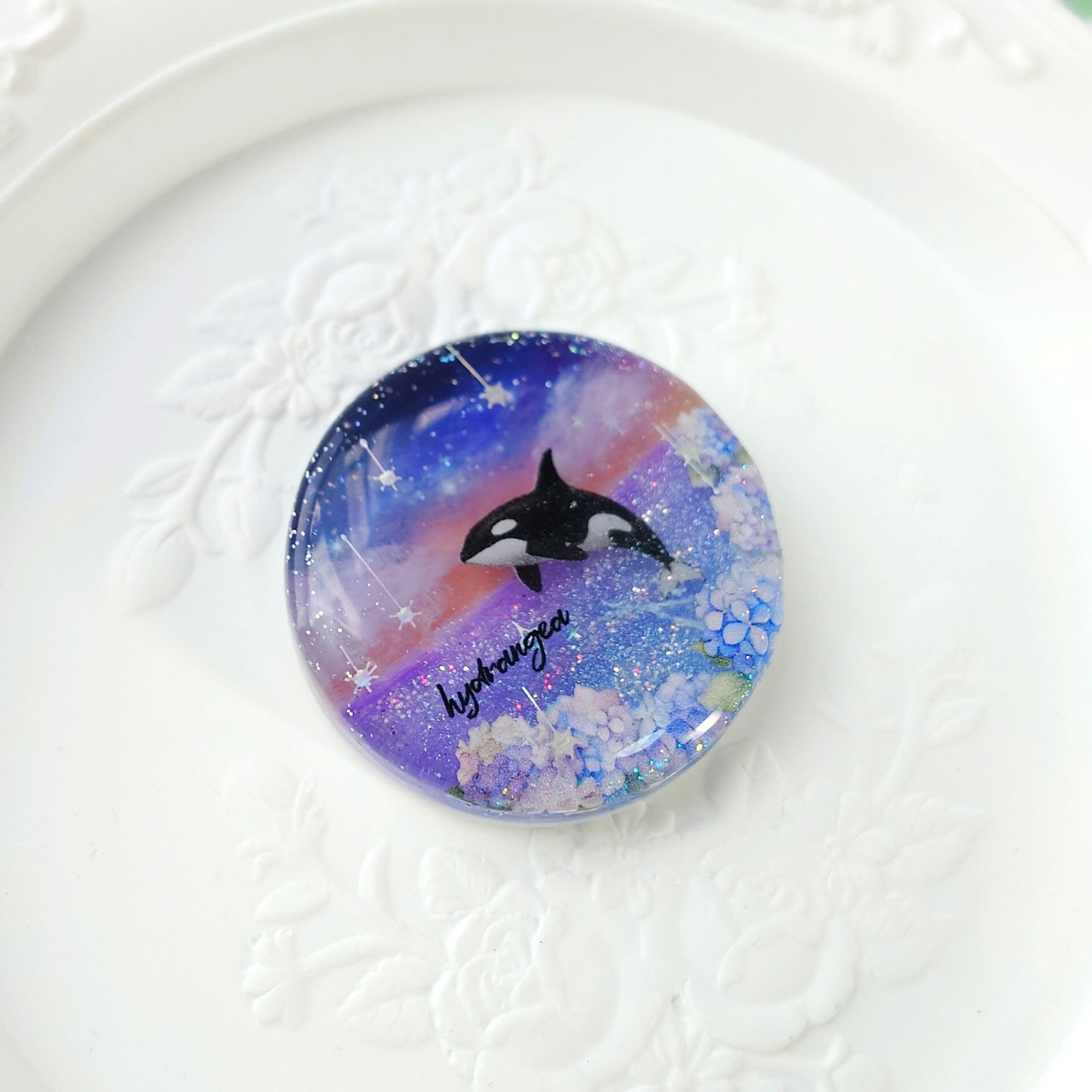 シャチと紫陽花のレジンアクセサリー 星空の海 ハンドメイド ヘアゴム