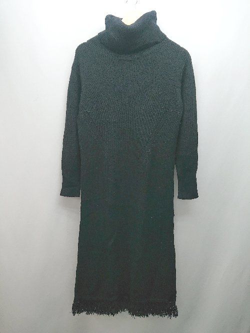 ◇ AMERICAN RAG CIE タートルネック 無地 リブ フリンジ 長袖 ロング ワンピース サイズF ブラック レディース E 【1310050027001】