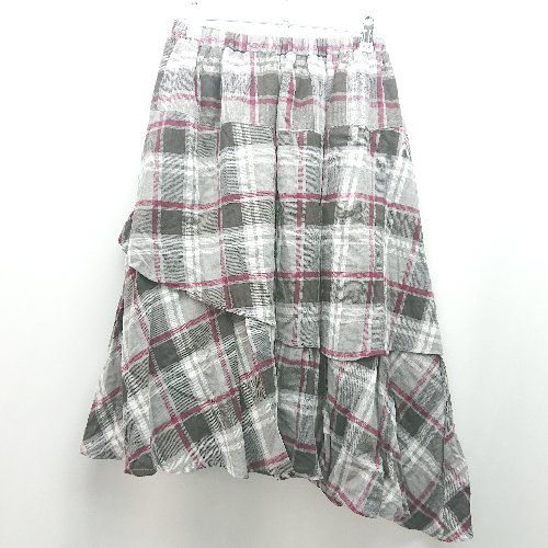 ◇ merlot ウエストゴム チェック柄 アシンメトリー ガーリー ロング丈 フレア スカート 表記なし グレー レディース E 【1310050043377】
