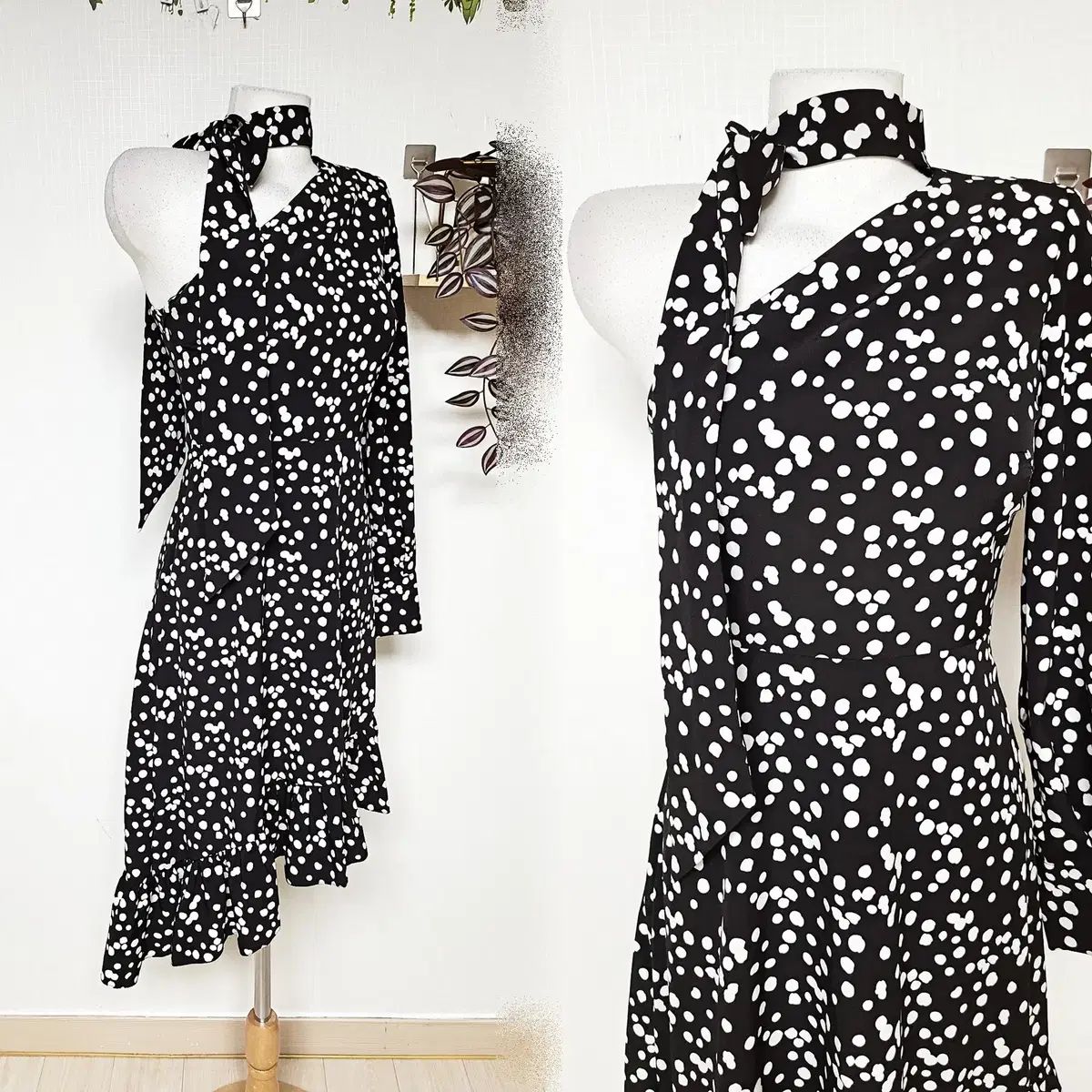 イギリス編集ショップ ASOS 片方オフショルダー アシンメトリー ロング丈ワンピース 44 ドット ブラック
