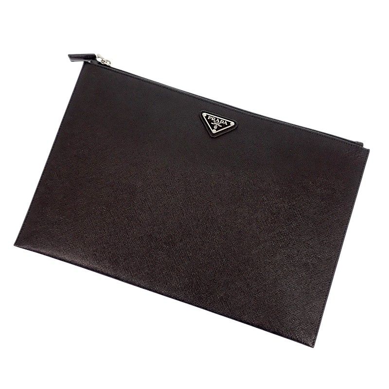 プラダ PRADA サフィアーノ トライアングルロゴ 2NG001 クラッチバッグ セカンドバッグ ブラック 黒 シルバー金具 メンズ【中古】【ABランク】