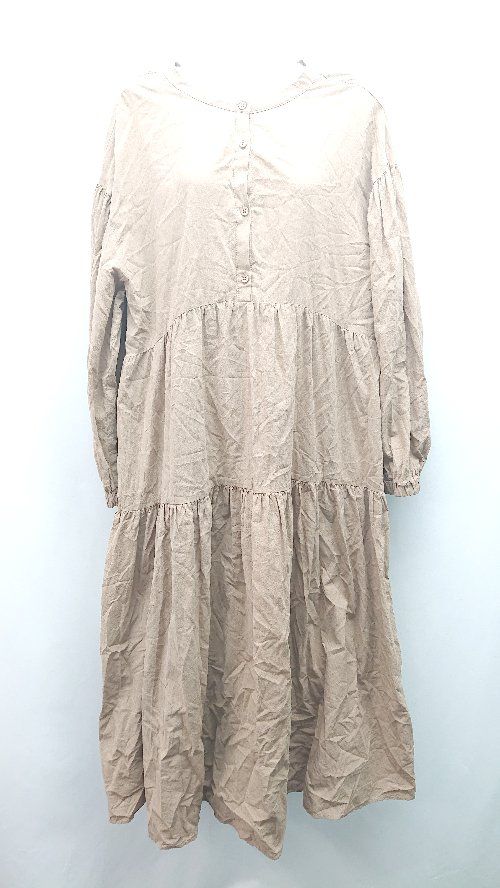 ◇ classicalelf ノーカラー ボタン 薄手 ギャザー リボン 長袖 ロング丈 ワンピース サイズL ブラウン レディース E 【1310130004298】