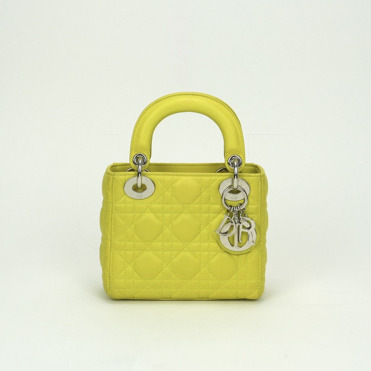 クリスチャンディオール CHRISTIAN DIOR レディディオール スモール LADY DIOR カナージュバッグ ミニ バッグ トートバッグ ショルダーバッグ ラムスキン イエロー Yellow シルバー金具
