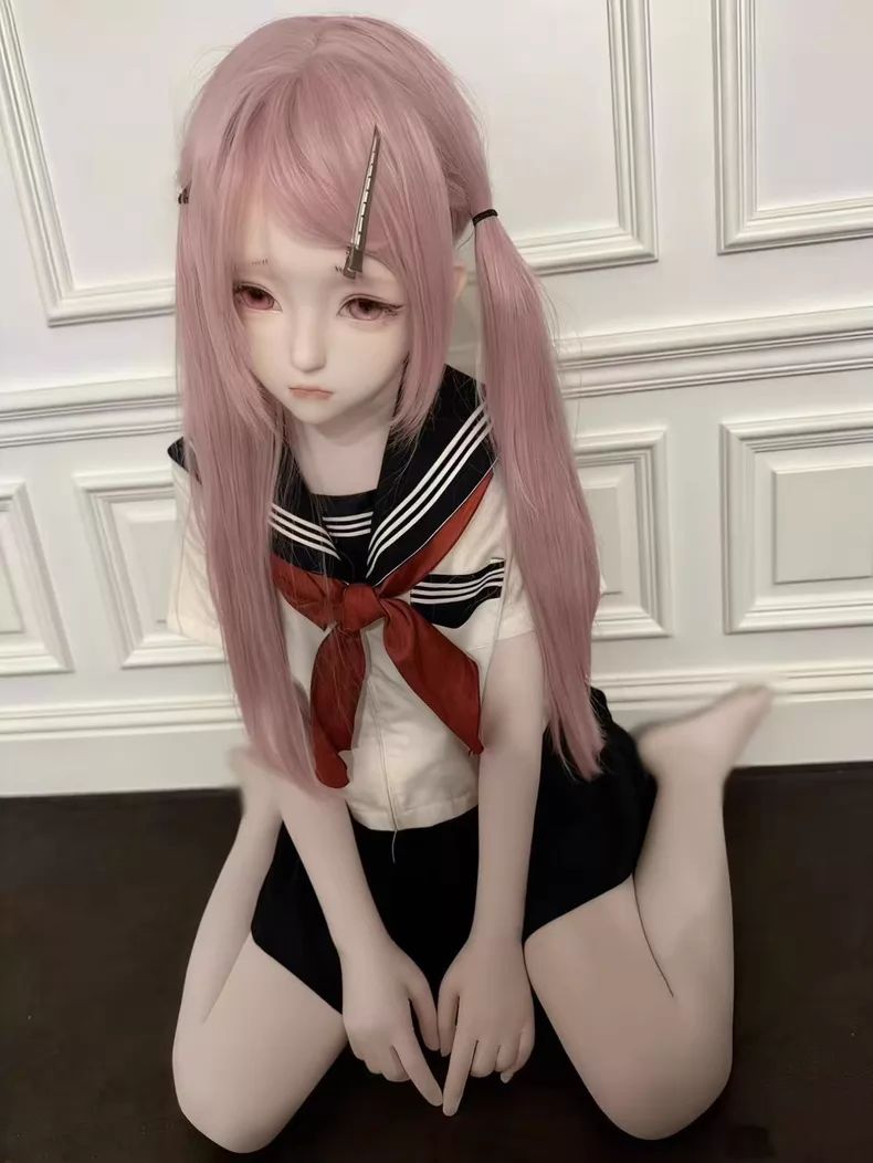 キグルミマスク フェイスシェル 美少女 ドール顔 写実系 Doll up風 小泡芙 ピンクロングヘア ツインテール ジト目 涙袋 セーラー服コーデ向け 半頭 ハンドメイド 撮影用 中古美品 一点物