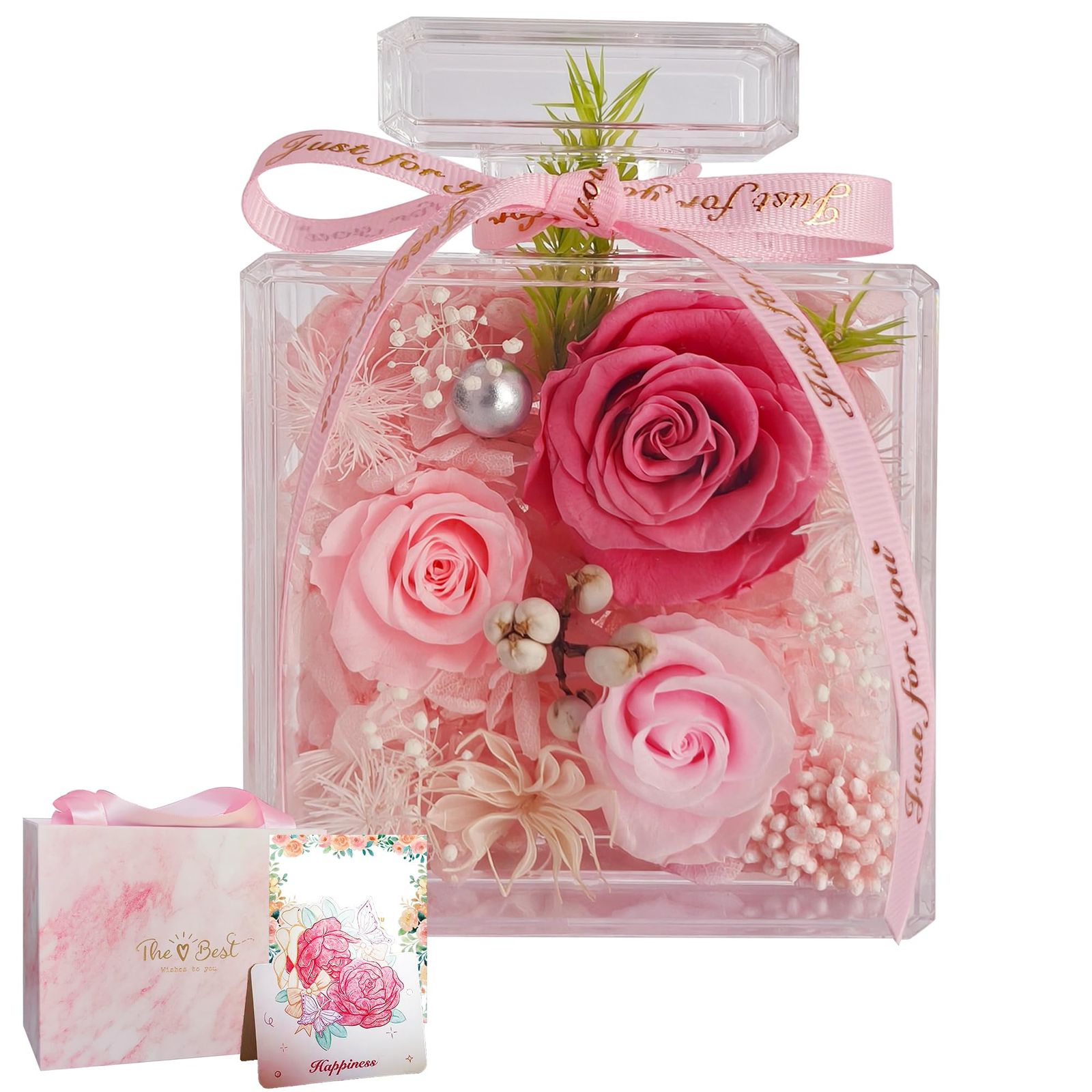 プリザーブドフラワー プレゼント 母の日ギフト 花 女性 誕生日 ブリザードフラワー お祝い バラ 枯れない花 結婚祝い 3輪の薔薇 香水ボトル調 フラワーギフト 記念日 カード＆手提げボックス付き ピンク系色バラma 818b5b9f