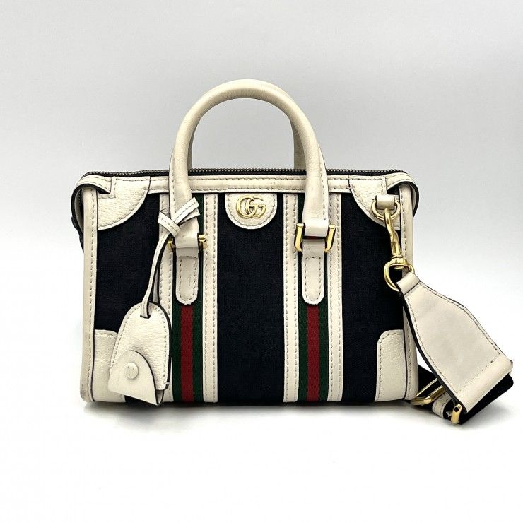 GUCCI（グッチ）スモールトップハンドルバッグ 2WAYショルダーバッグ シェリーライン GG柄 キャンバス レザー ホワイト ブラック レディース【中古】
