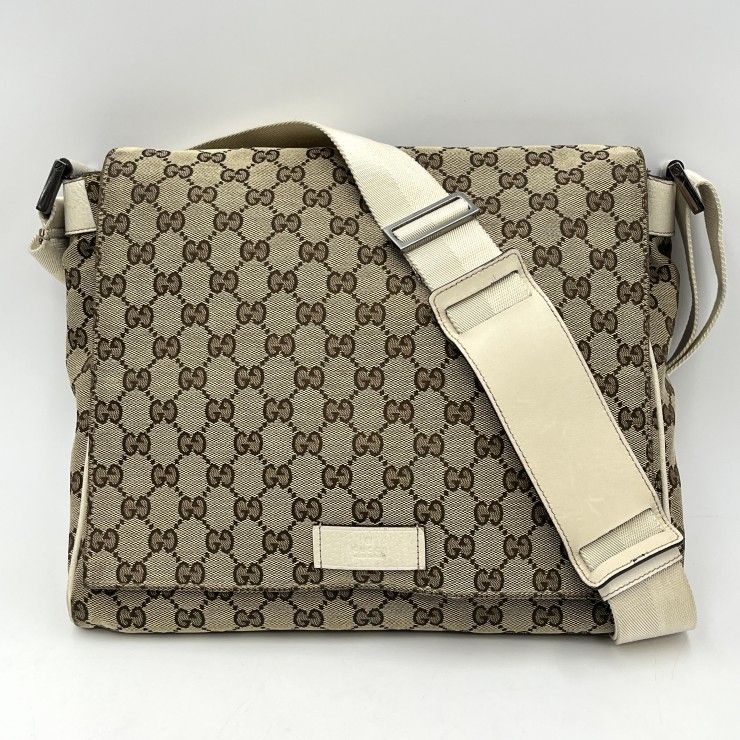 GUCCI（グッチ）GGキャンバス メッセンジャーバッグ ショルダーバッグ ベージュ アイボリー キャンバス レザー メンズ レディース 107757【中古】