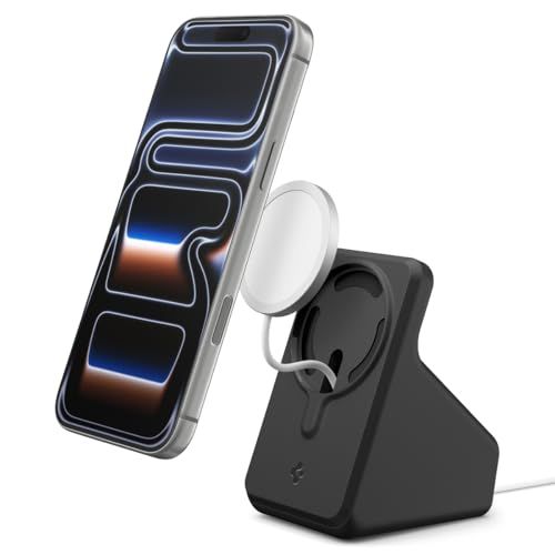 Spigen iPhone MagSafe 充電スタンド (2024年充電器対応) 卓上スタンド 充電ケーブル収納 シンプル マグフィット AMP09170 (ブラック)as