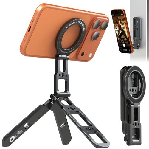 MOSENVKA スマホ三脚 ミニ三脚 スマホホルダー MagSafe用 磁気折りたたみ式 三脚マウント 超軽量 アルミ合金製 両面マグネット ダブルマグネットマウント 360度回転 スマホスタンド マグセーフ ポケットサイズスタンド 角度調整可能 横置きas