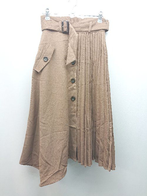 ◇ ◎ Andemiu サイドジップ ウエストゴム 裏地あり プリーツ ロング丈 フレア スカート サイズM ブラウン レディース E 【1310130036459】