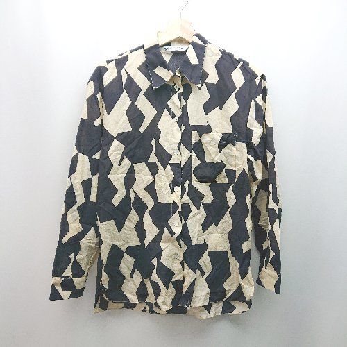 ◇ ZARA 総柄 シアー素材 カジュアル ツートン おしゃれ 長袖 シャツ サイズS クリーム ブラック レディース E 【1310130041101】