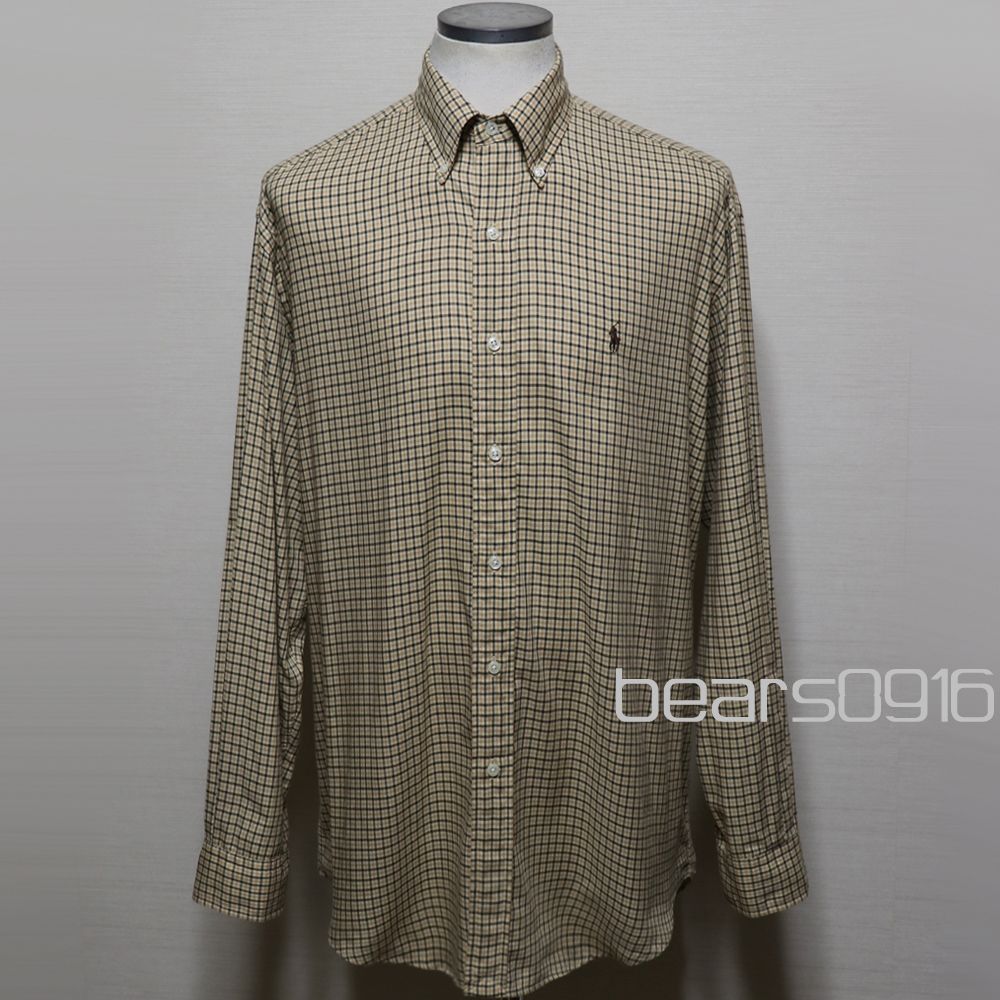 【正規品】ポロ ラルフローレン 90年代 BLAKE ライトネル ボタンダウンシャツ ベージュ×茶系3色 タータンチエック 茶ポニー M L 美品 米国購入
