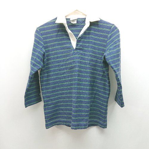 ◇ RUGBY WEAR BARBARIAN ボーダー柄 カナダ製 古着 ネックボタン 長袖 シャツ 表記なし ブルー/グリーン レディース E 【1310130045963】