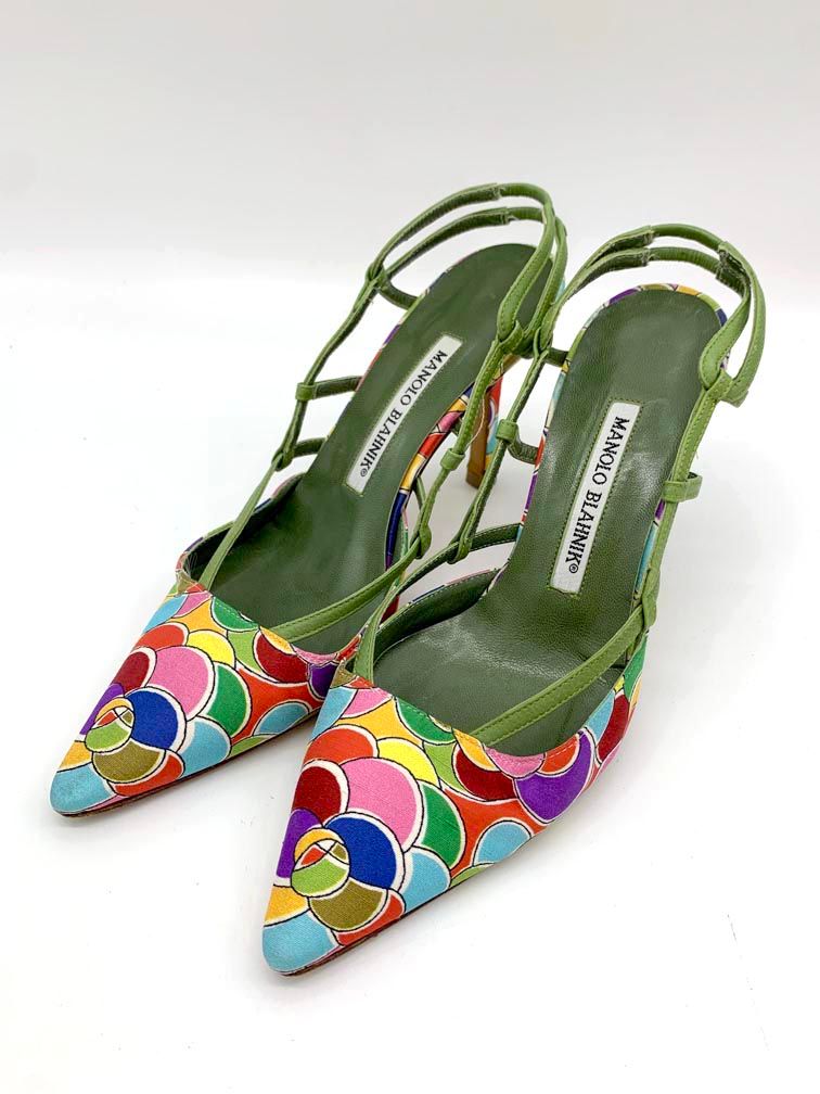Manolo Blahnik マノロブラニク アンクルストラップ カラフル 総柄 ハイヒール パンプス size35/マルチカラー ■■◎レディース