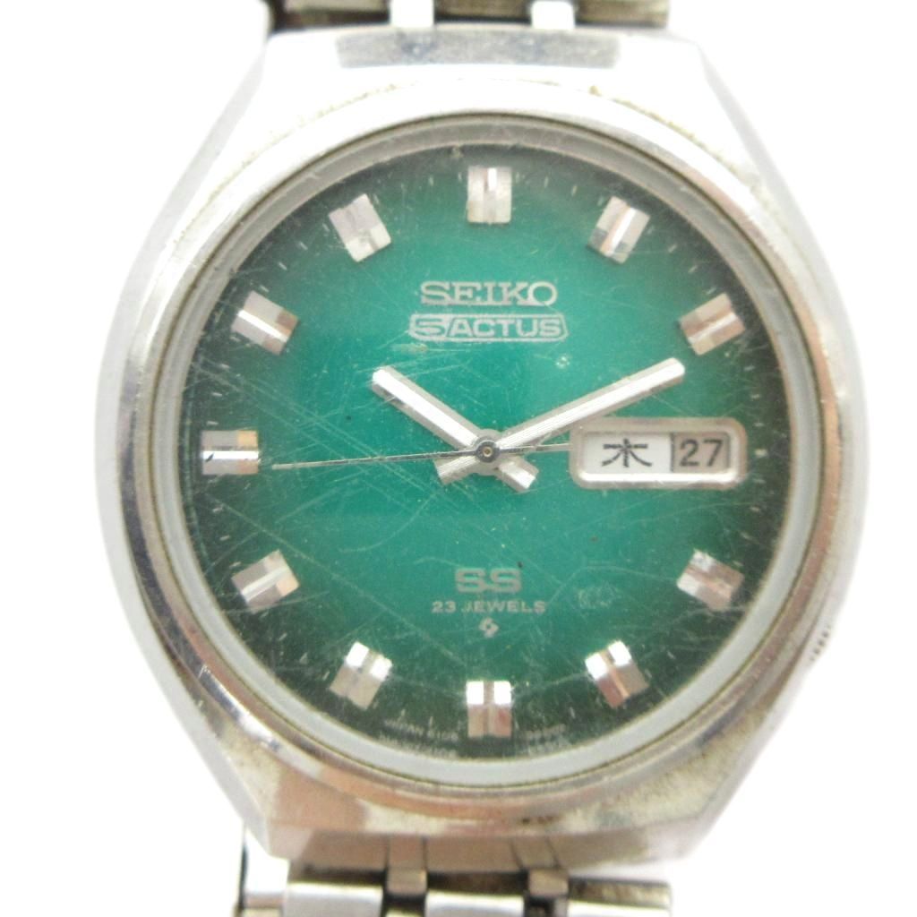セイコー SEIKO 5 ACTUS アクタス SS 6106-8680 腕時計 ヴィンテージ アンティーク ウォッチ 自動巻き カレンダー付き デイデイト 23石 緑文字盤 シルバー色 ■GY18 /MQ