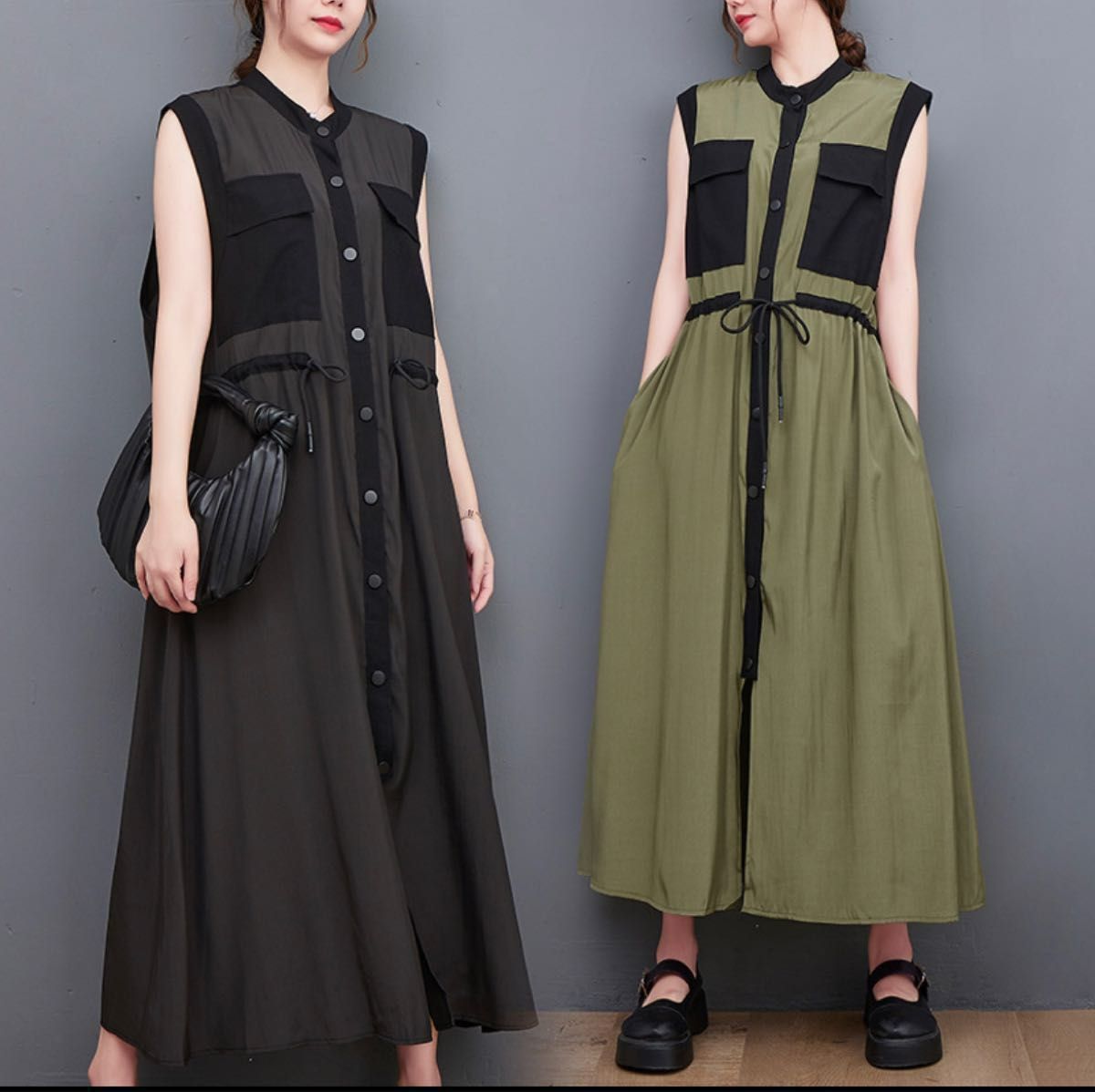 ロングワンピース お出かけ ゆったり ノースリーブ 新品 モード系 体型カバー ゆったり ワンピース マタニティ　紐付き