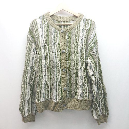 ◇ URBANITYUB ラウンドネック 総柄　ニット 厚手 長袖 カーディガン サイズM グリーン レディース E 【1310300014287】