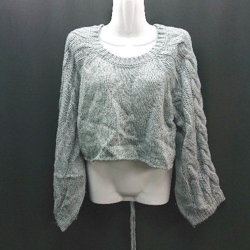 ◇ Heather ヘザー クルーネック ケーブル 起毛 リボン ショート丈 オシャレ 長袖 ニット サイズF ブルー レディース E 【1310300048589】